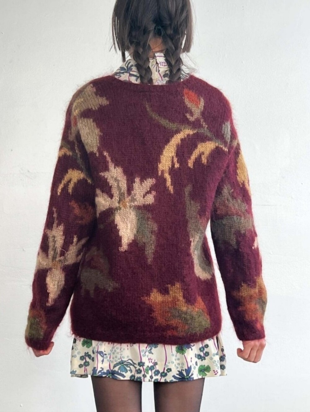 🤍 Talbots vintage hand knit mohair blend burgundy autumn print chunky sweater - Picture 3 of 8